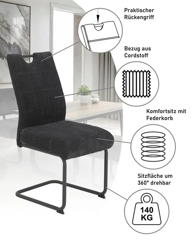 HELA Freischwinger MERKUR XL 4er Set Anthrazit Breitcord - Bild 4