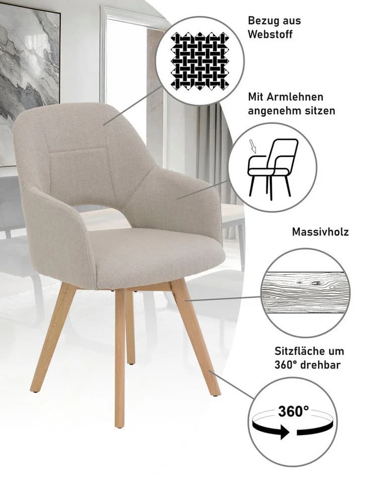 HELA STADE 4-Fußstuhl Beige mit Armlehnen und Drehfunktion - Bild 4