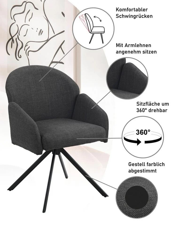 Armlehnstuhl Swing Back Komfortrücken, 360 drehbar, anthrazit/schwarz - Bild 3