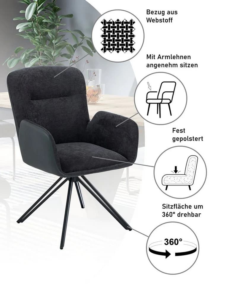 HELA Drehstuhl MILAZZO 2er Set Schwarz Kunstleder V-Gestell - Bild 3