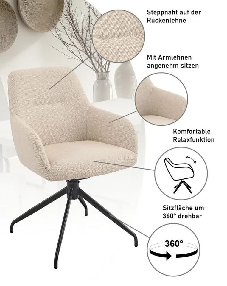 Armlehnstuhl Hela Triest Beige Schwarz 360 drehbar - Bild 3