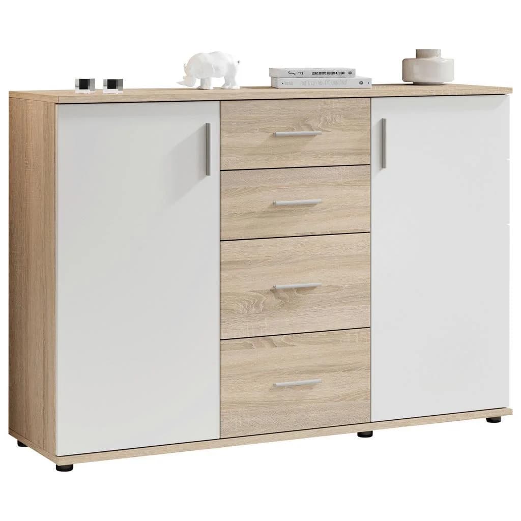 Carryhome Kommode Bobby Weiß Sonoma Eiche 4 Schubladen 2 Türen