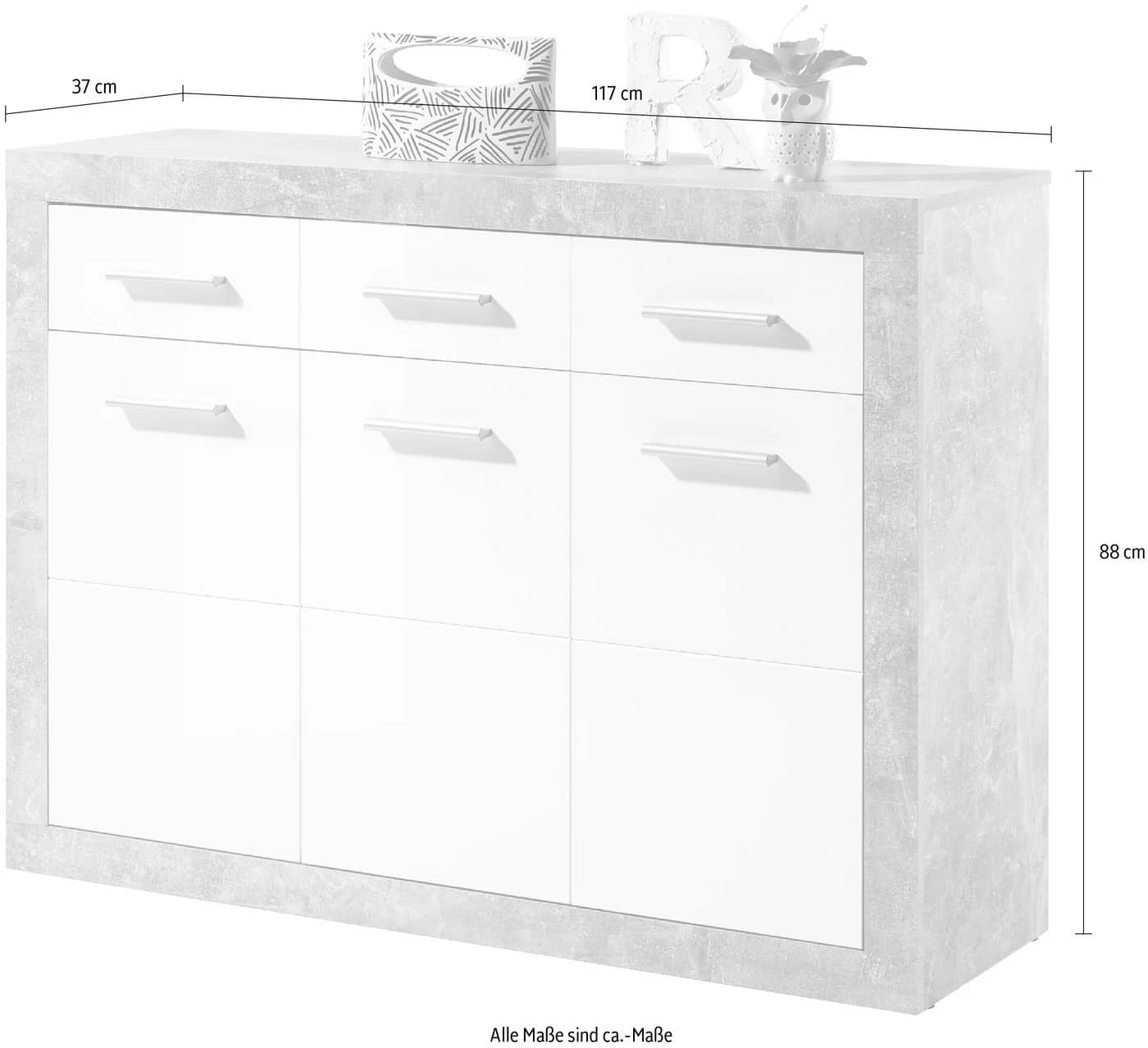 HBZ Stone 2 Kommode Weiß Beton Glanz 3 Türen 3 Schubkästen - Bild 4