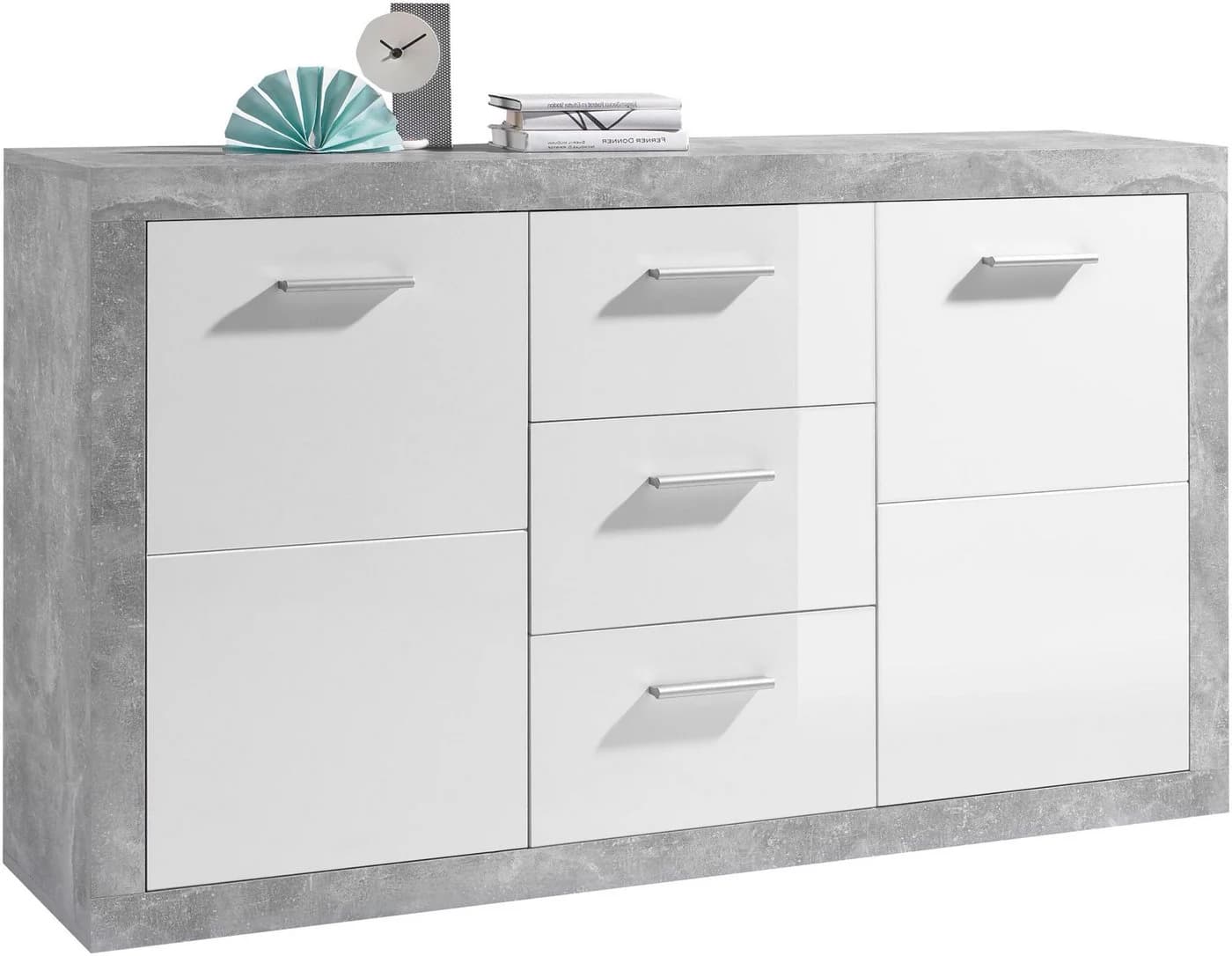 Sideboard HBZ Stone Weiß Hochglanz Grau Beton 2 Türen 3 Schubladen - Bild 2