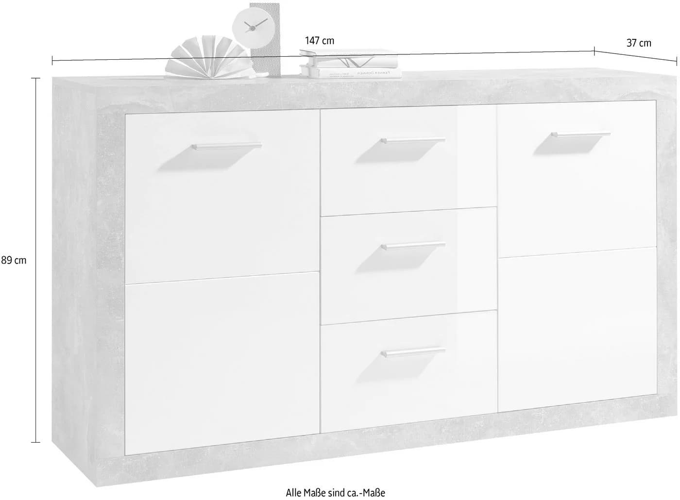 Sideboard HBZ Stone Weiß Hochglanz Grau Beton 2 Türen 3 Schubladen - Bild 5