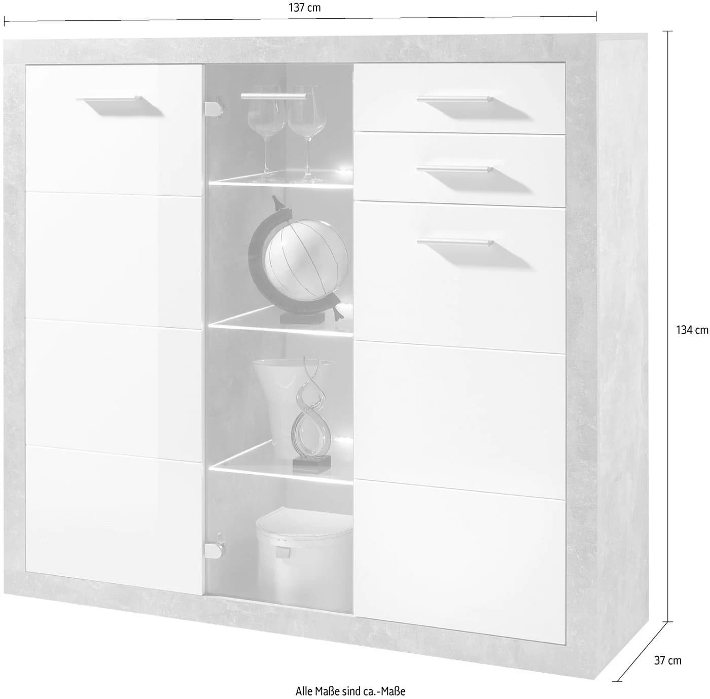 HBZ Highboard Stone Weiß Beton 137x134x37 cm mit Glastür - Bild 3