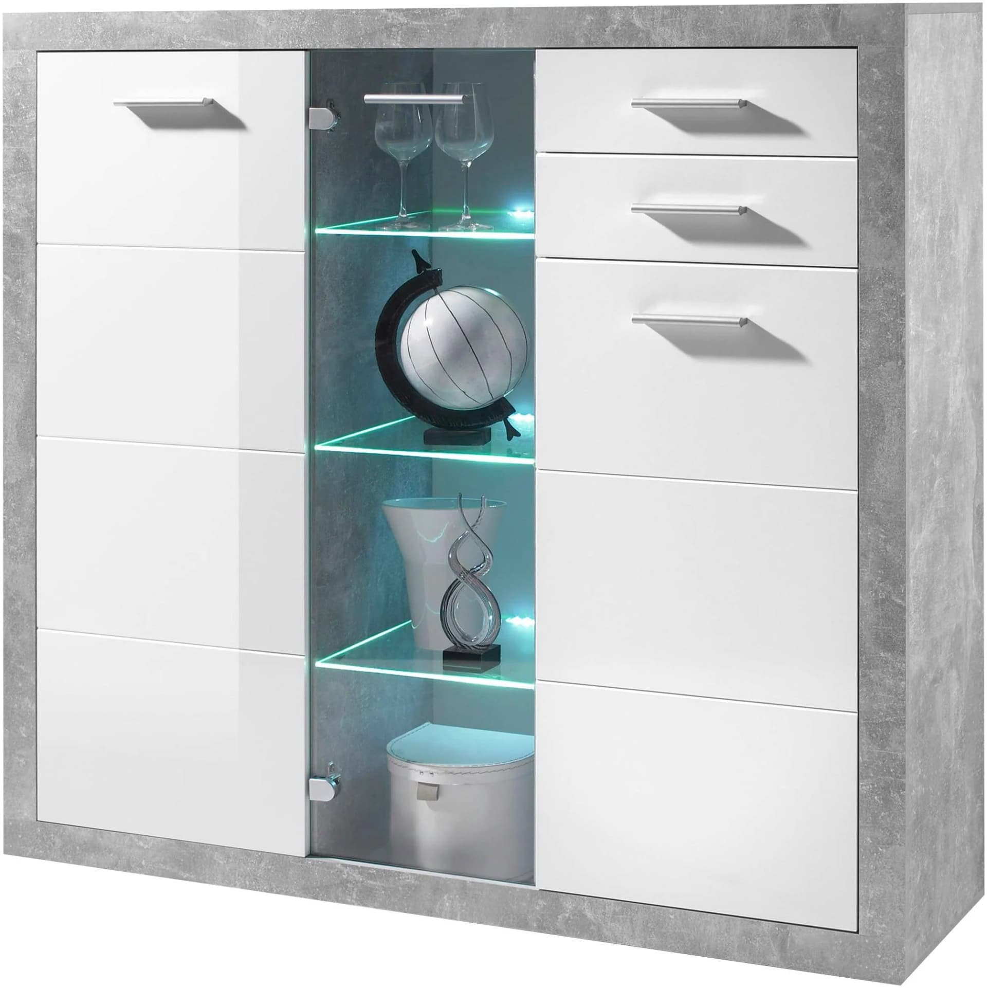 HBZ Highboard Stone Weiß Beton 137x134x37 cm mit Glastür - Bild 4