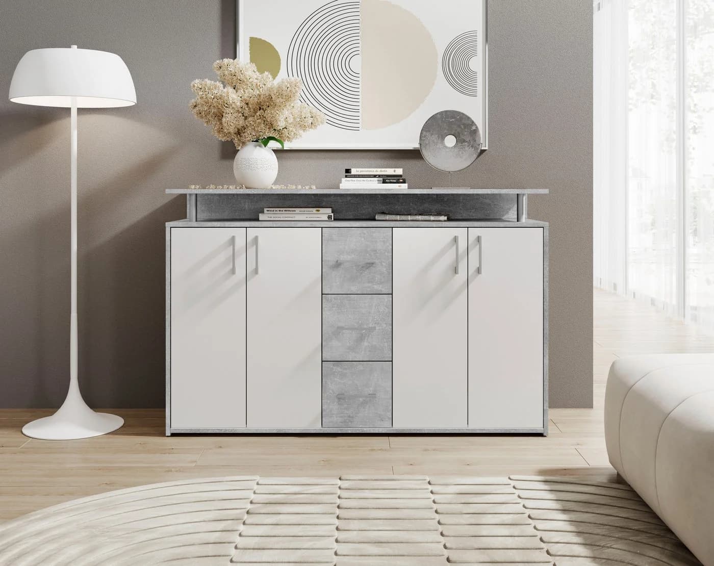 HBZ Drivno Sideboard 139x90x34 cm Weiß/Beton mit 3 Schubkästen - Bild 2