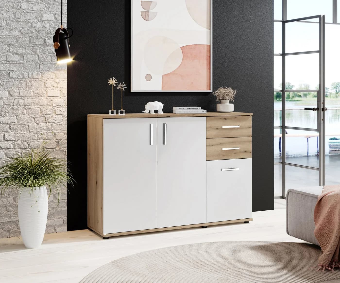HBZ Kommode BC-Drift-2 Sideboard 3 Türen 2 Schubladen Eiche Rustica Weiß - Bild 2