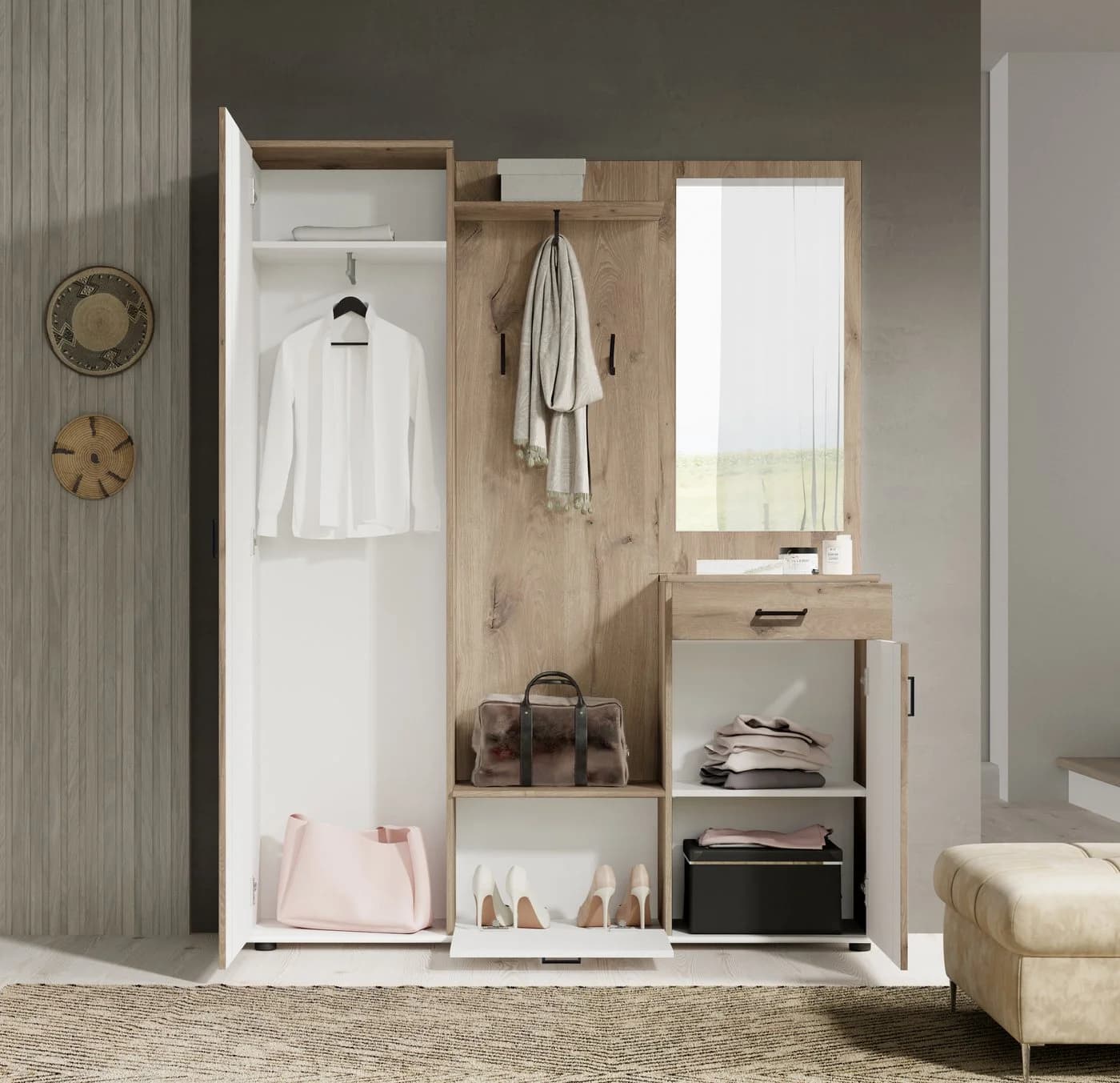 Carryhome Garderobe Jens 6-teilig mit Spiegel Grau Eiche