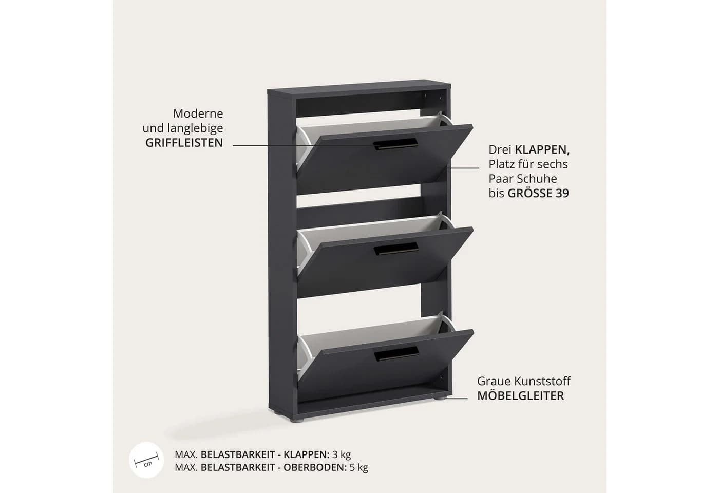 Carryhome Schuhkipper Sam Anthrazit 3 Klappen - Bild 4
