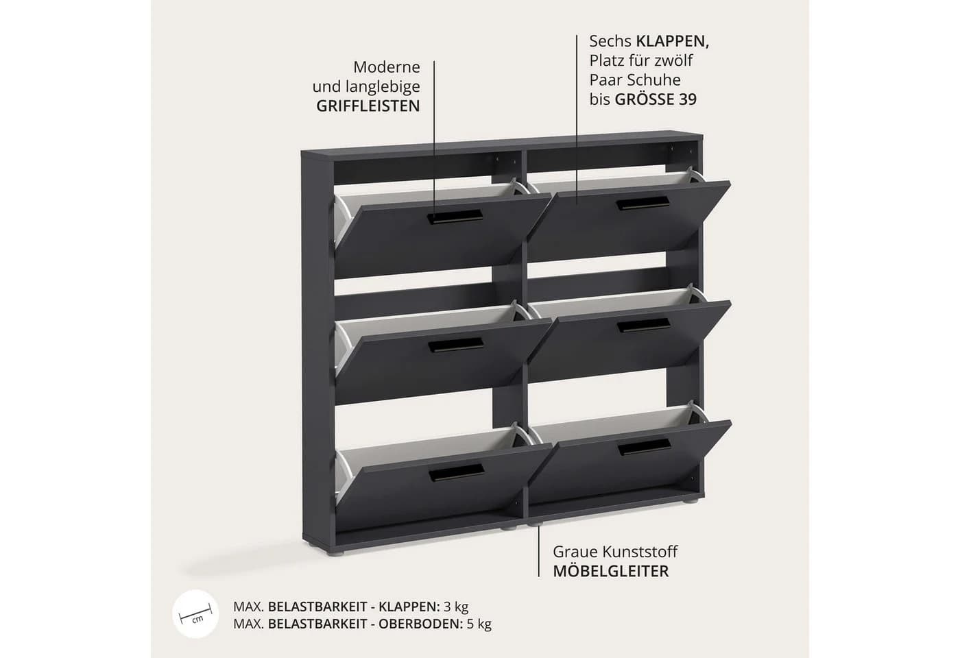 Carryhome Schuhkipper Anthrazit 6 Klappen Holzwerkstoff - Bild 4