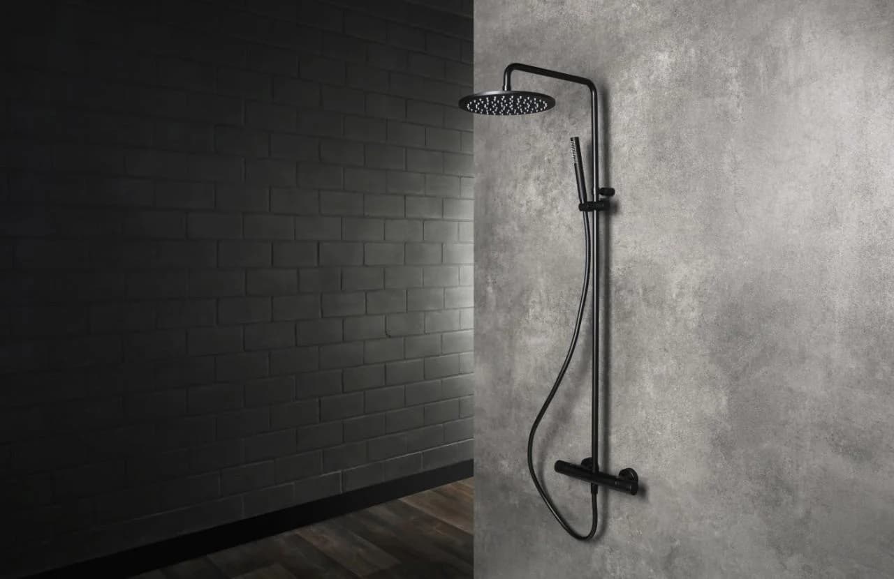 Herzbach Deep Black Duschsäule mit Brause-Aufputz-Thermostat Schwarz Matt