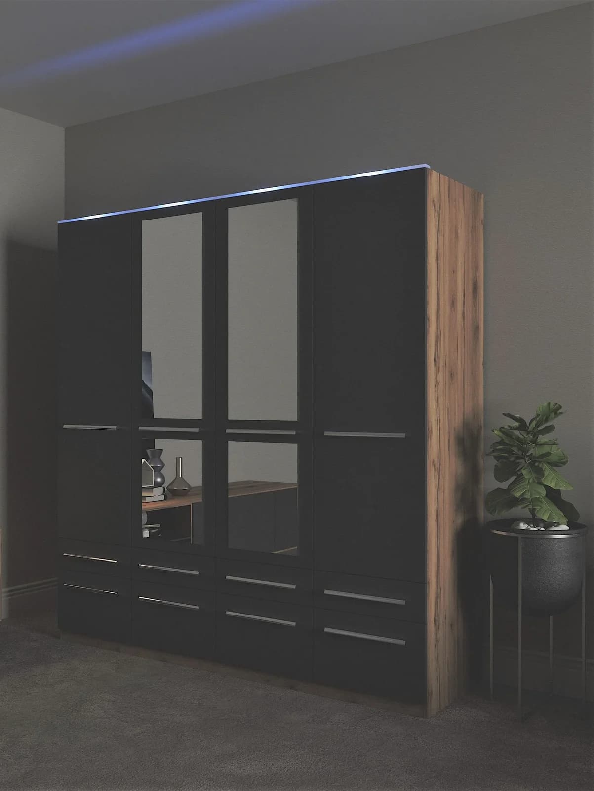 Priess Kleiderschrank Barcelona Schwarz mit Spiegel und LED