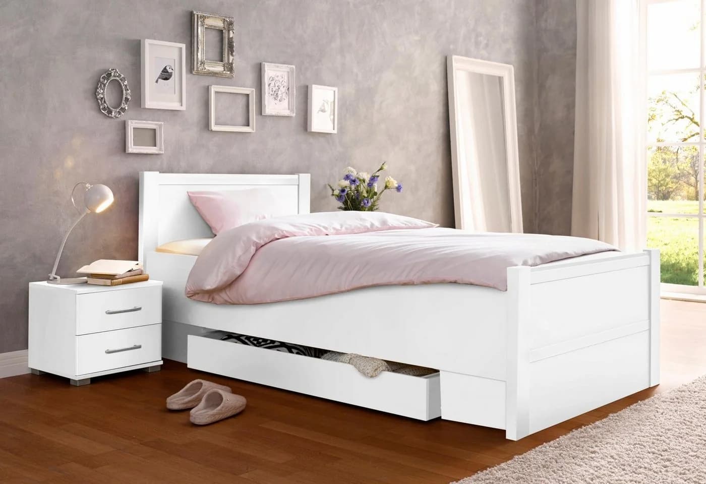 Priess Bett Husum Rahmenbett Weiß mit Schubkästen