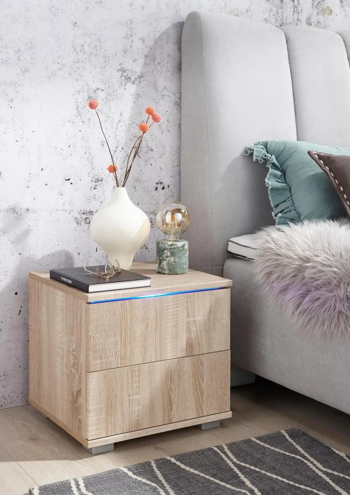 Nachtkommode PRIESS Braun mit LED-Beleuchtung und Push-to-open