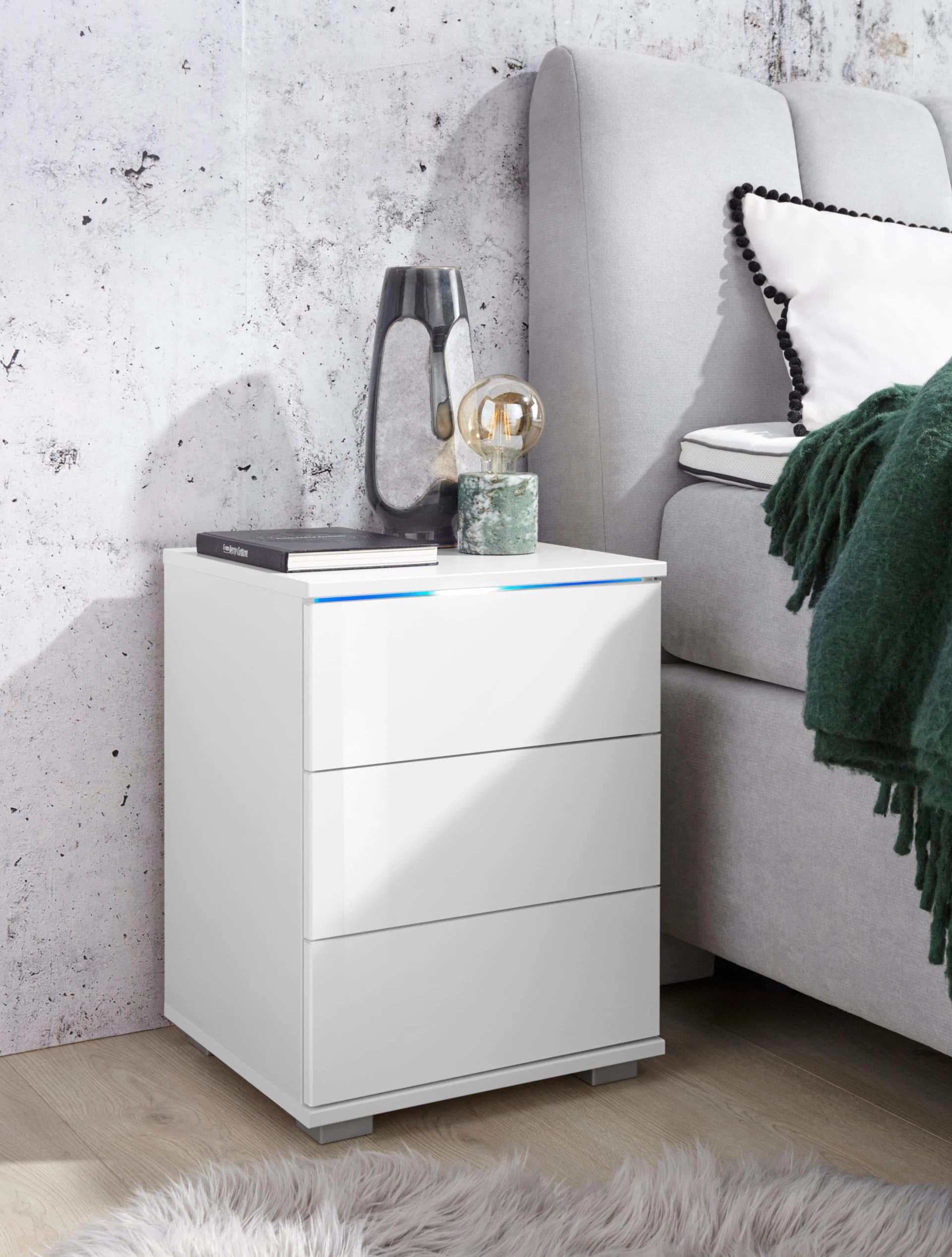 Nachtkommode PRIESS Weiß Hochglanz mit LED und Push-to-open