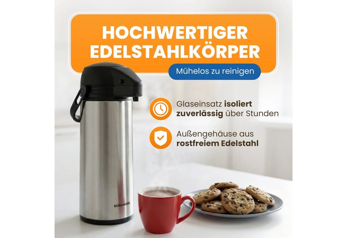 EUROHOME Pump-Isolierkanne 1,9L Edelstahl Silber mit Tragegriff - Bild 3