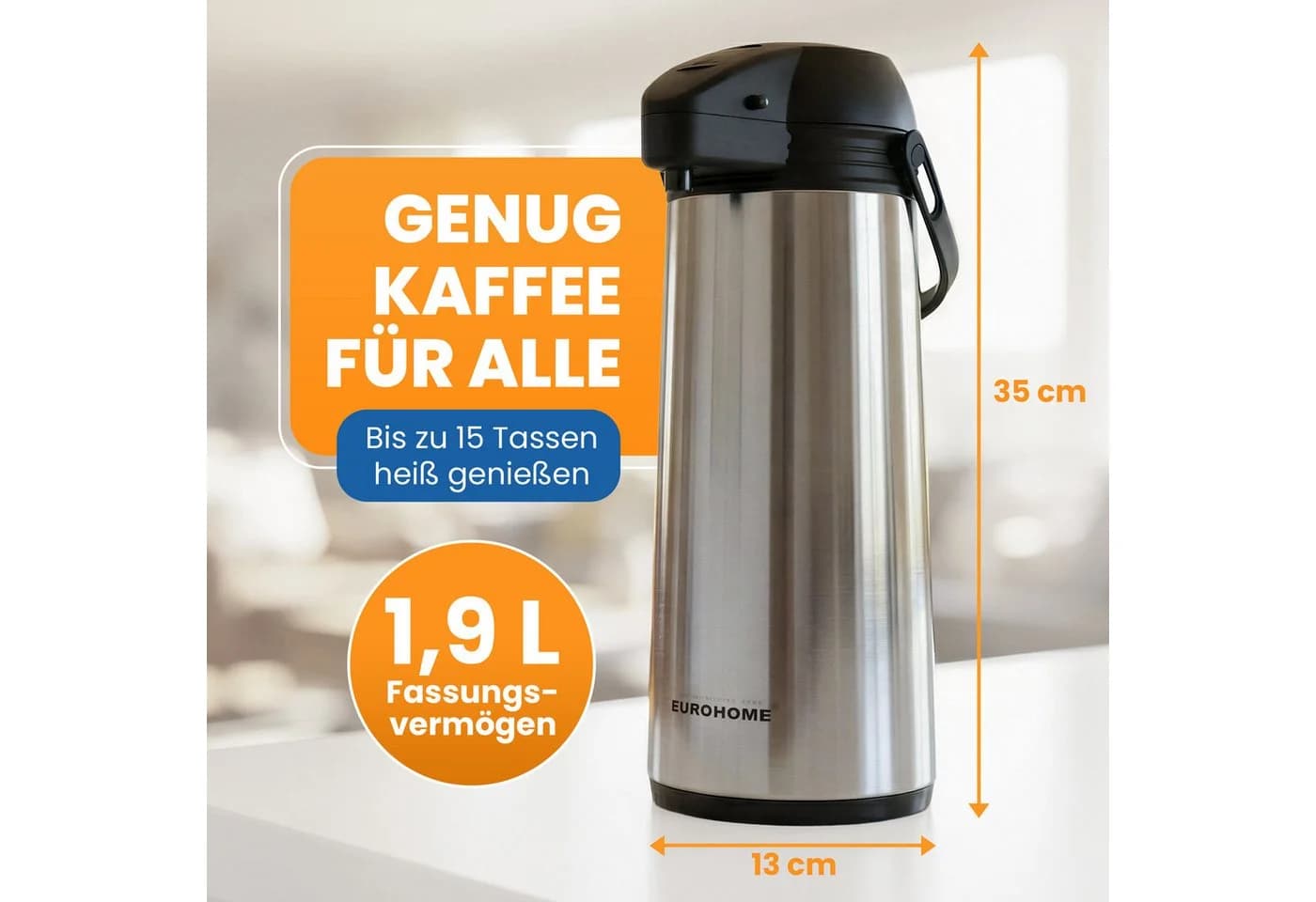 EUROHOME Pump-Isolierkanne 1,9L Edelstahl Silber mit Tragegriff - Bild 5