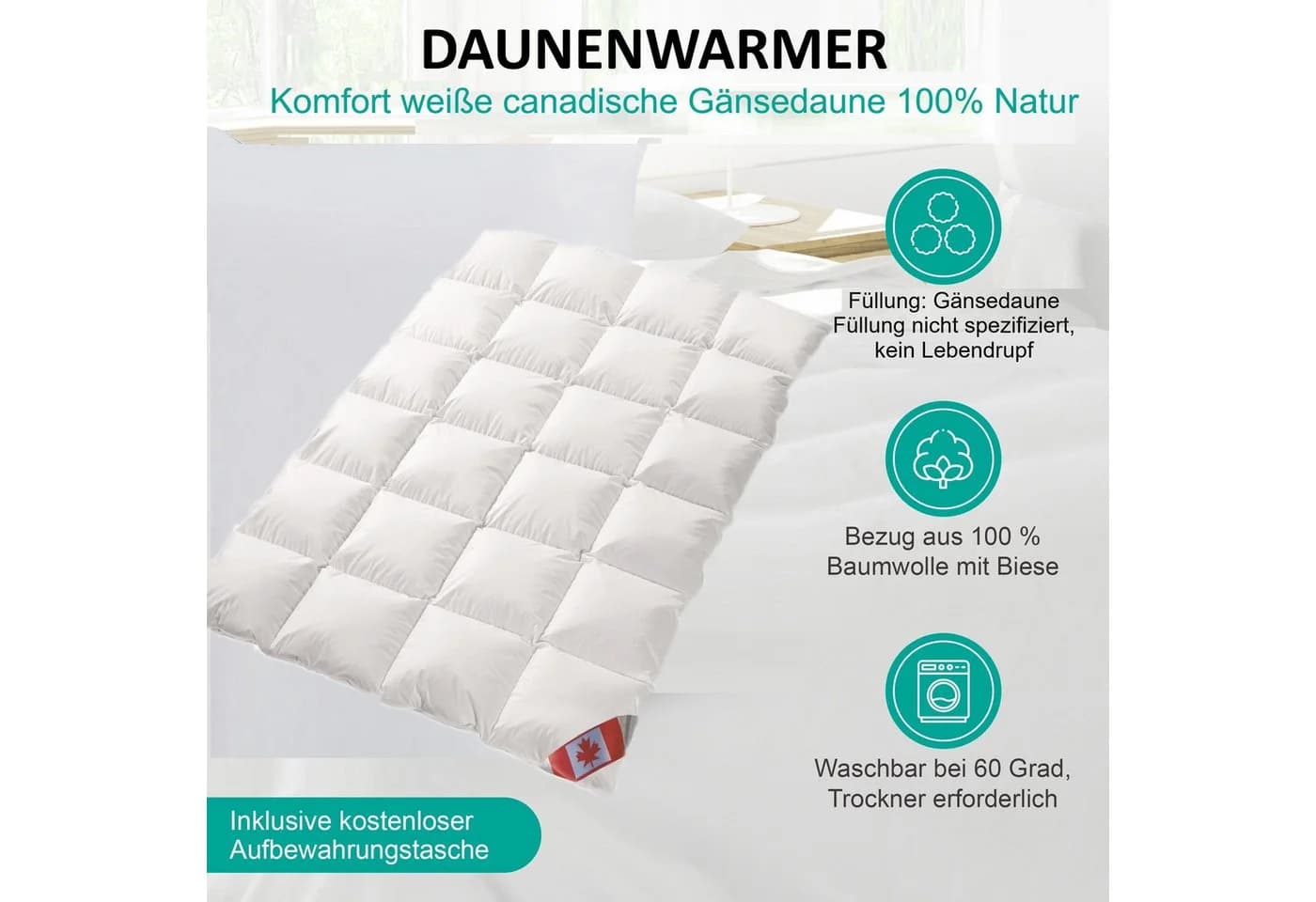 Canada Gänsedaunenbettdecke Polaris Premium Winterdecke Weiss 100% Baumwolle