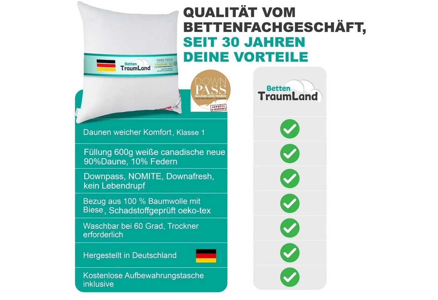 Canada Daunenkissen Flachkissen 90% Daunen 10% Federn Klasse 1 - Bild 3