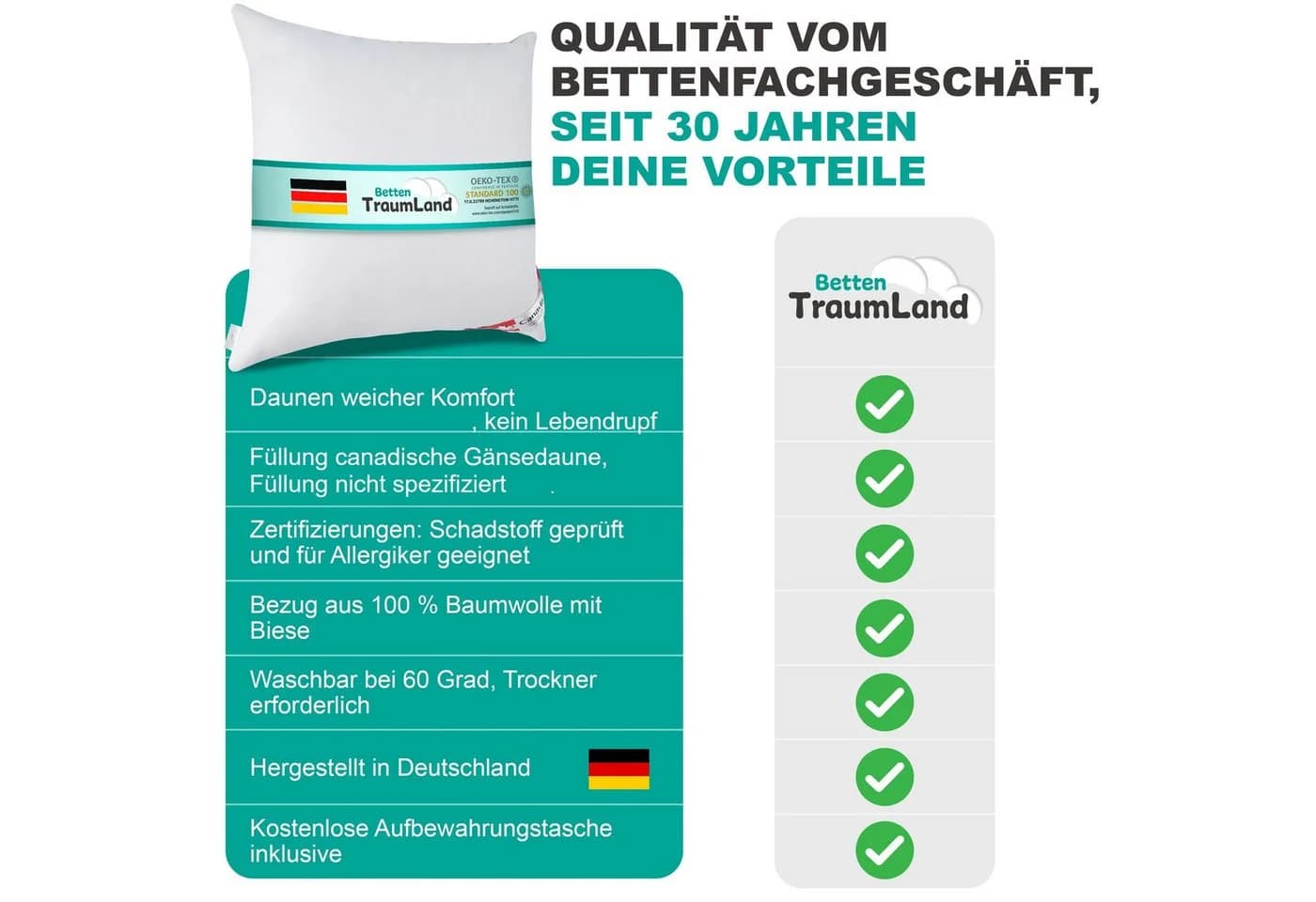 Canada Daunenkissen Gänse Daune Kopfkissen 100% Baumwolle - Bild 4