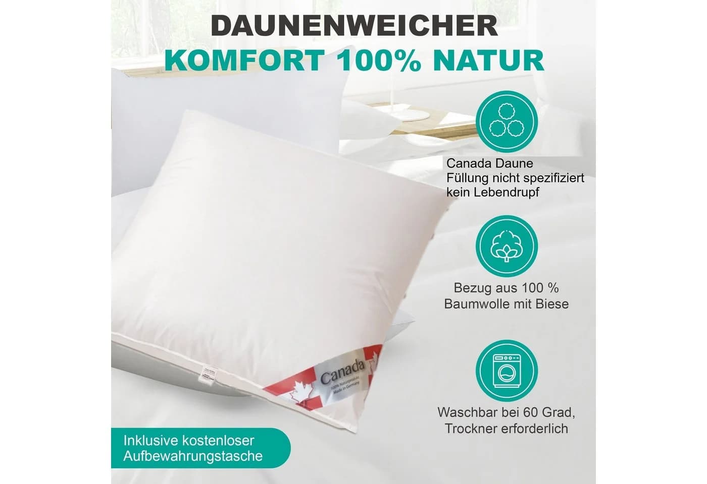 Canada Daunenkissen PLUS Medium Weiss 800g Daunen Füllung