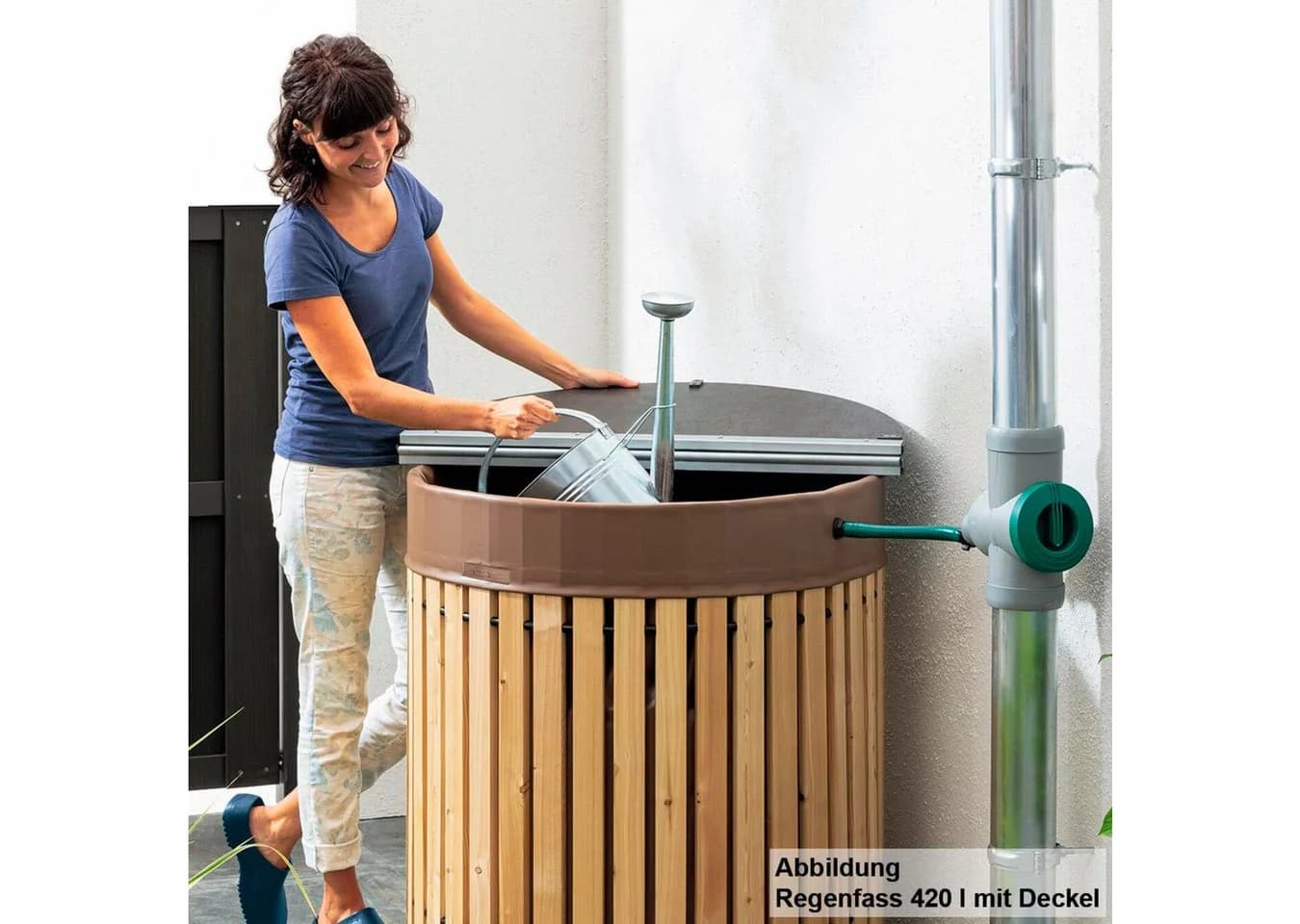 Beckmann Regentonnendeckel Größe 5 Dunkelbraun Aluminium Massivholz - Bild 2
