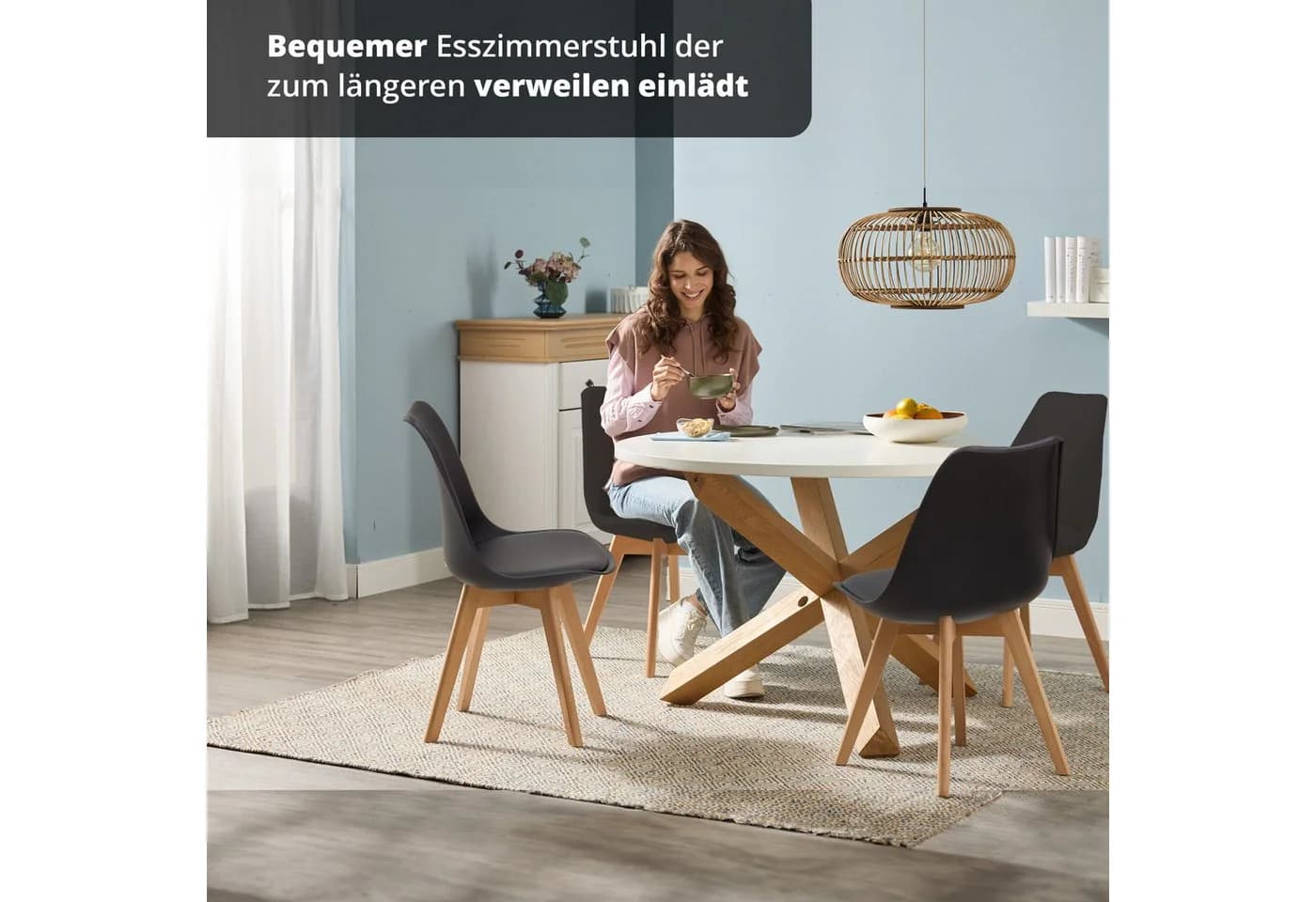 KHG Esszimmerstuhl Küchenstuhl Schwarz Skandi Look Massivholz - Bild 3
