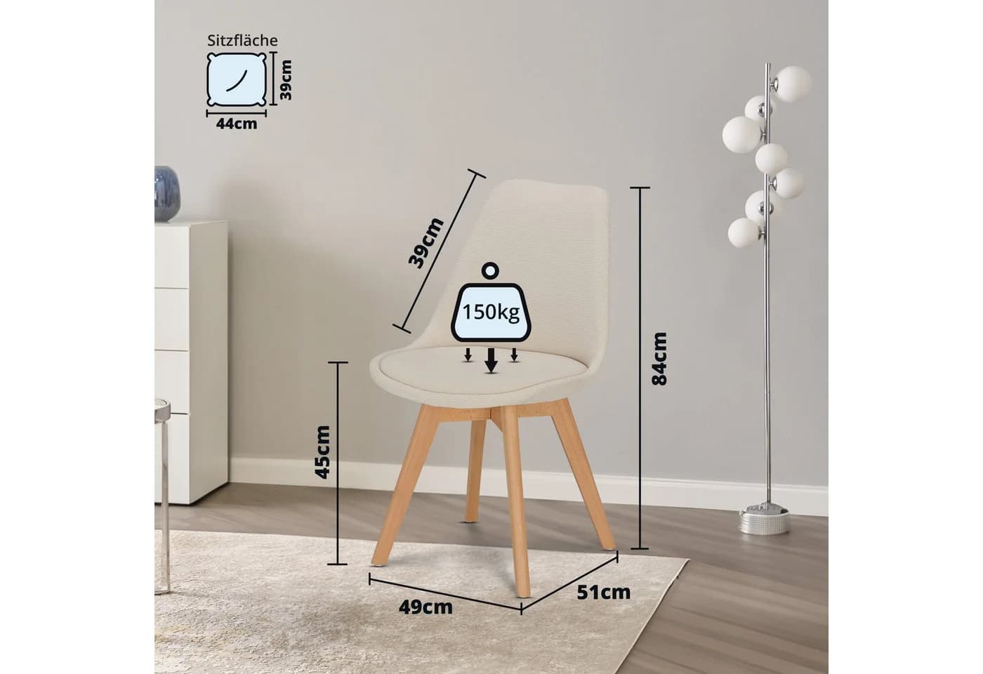 KHG Esszimmerstuhl Creme Skandi Look Massivholz Cord