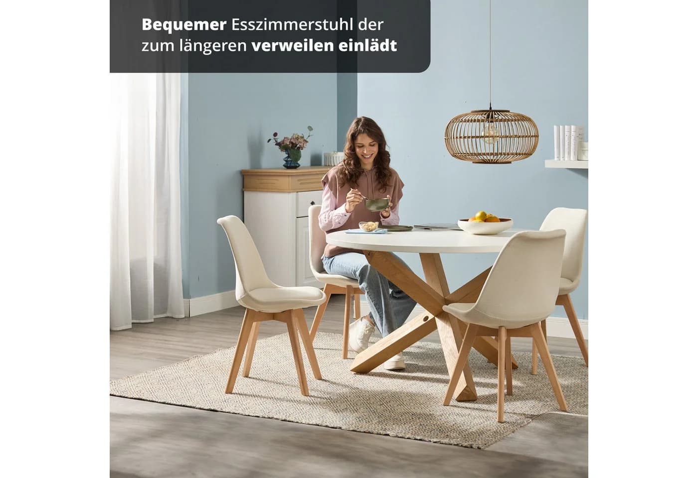 KHG Esszimmerstuhl Creme Skandi Look Massivholz Cord - Bild 3