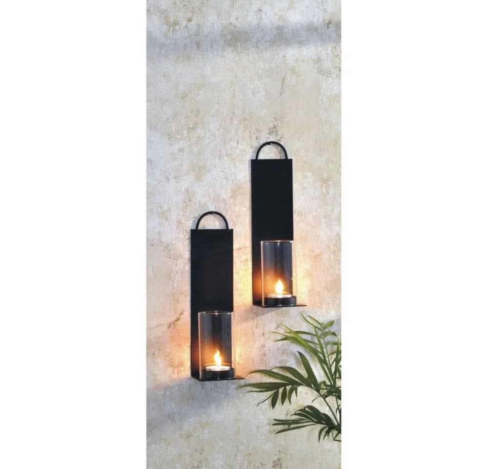 Garden Pleasure Wandkerzenhalter 2er Set Schwarz Metall Glas
