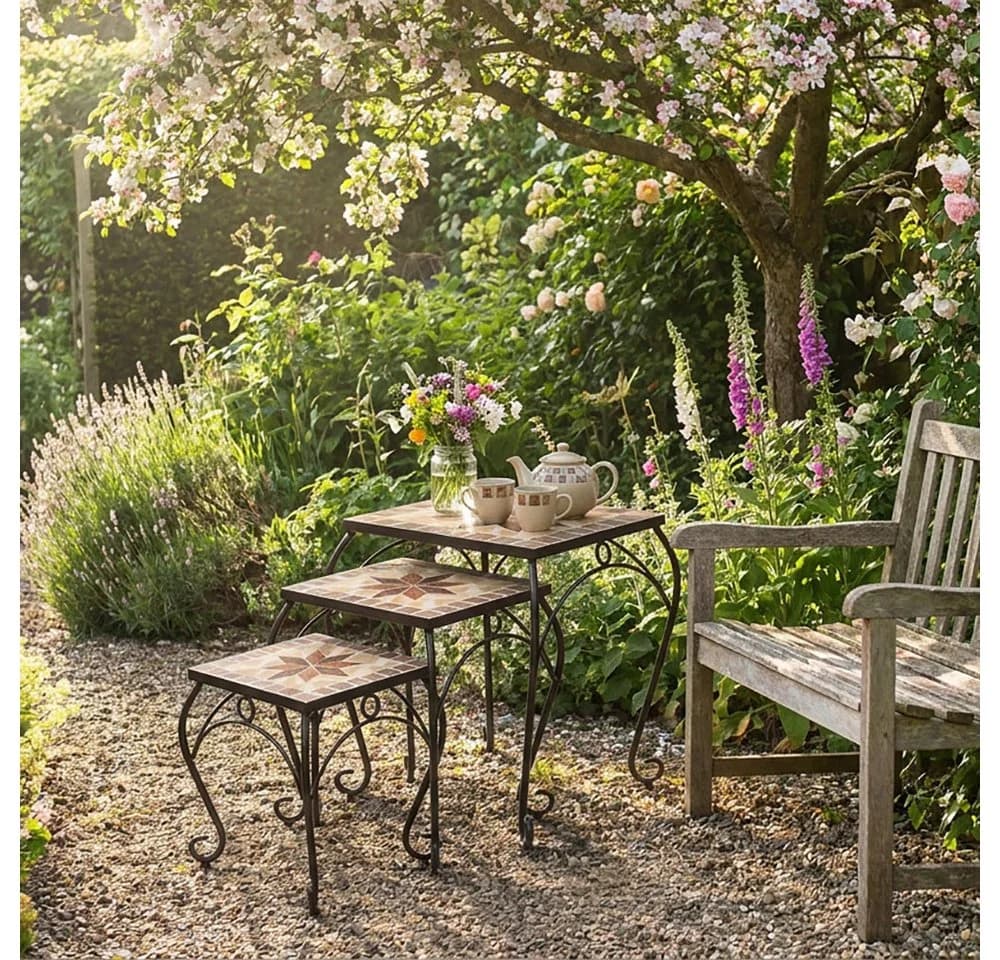 Harms Import Gartentisch Hocker 3er Set Schwarz Mosaikoptik - Bild 4