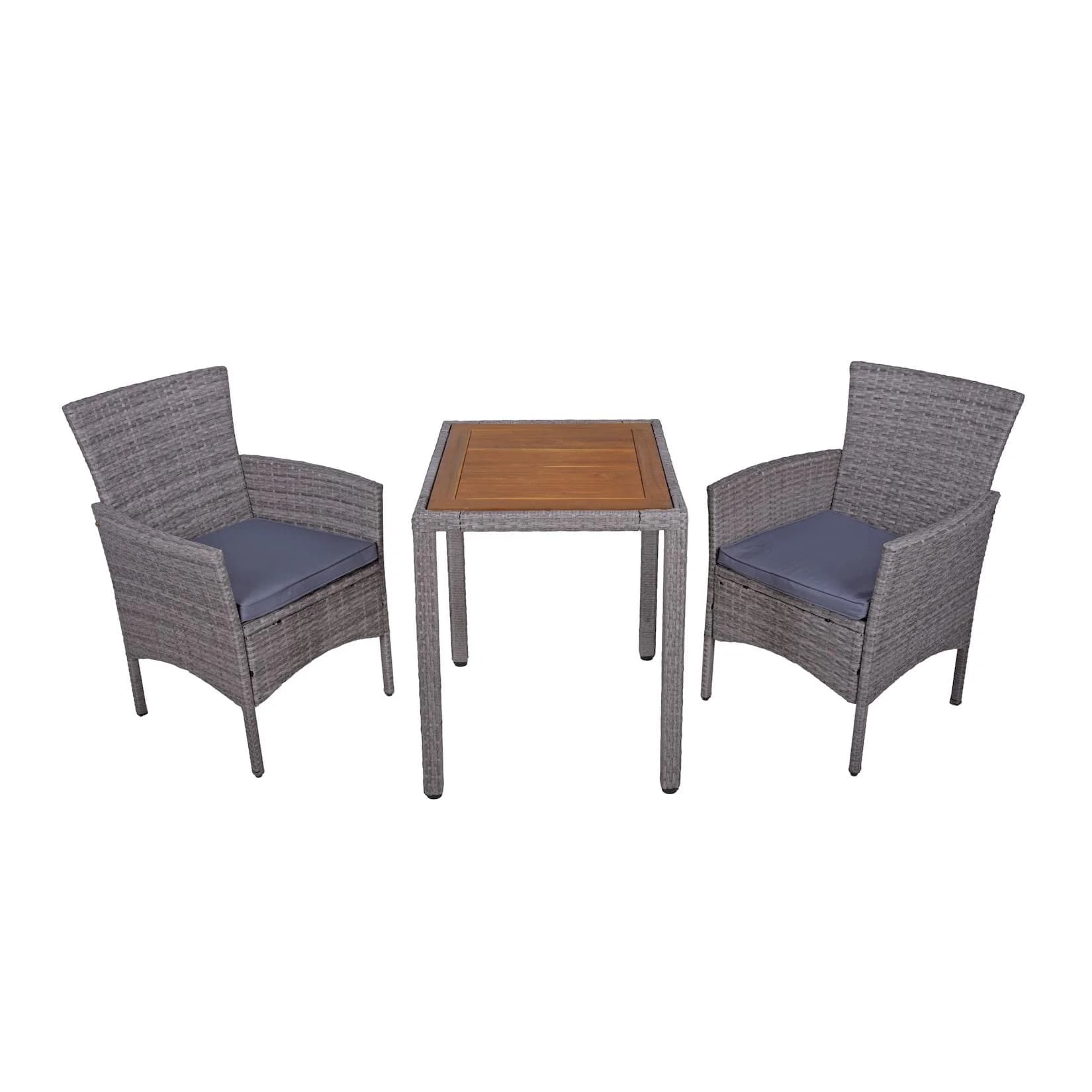 Modernes Balkonset aus Stahl, Akazienholz, Kunststoffgeflecht und Polyester