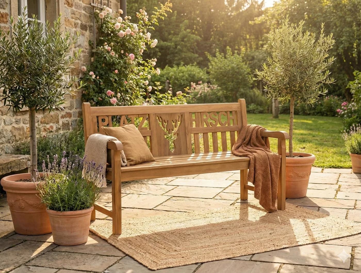 Garden Pleasure Gartenbank Teak 3-Sitzer mit Armlehne Hirsch-Motiv - Bild 5
