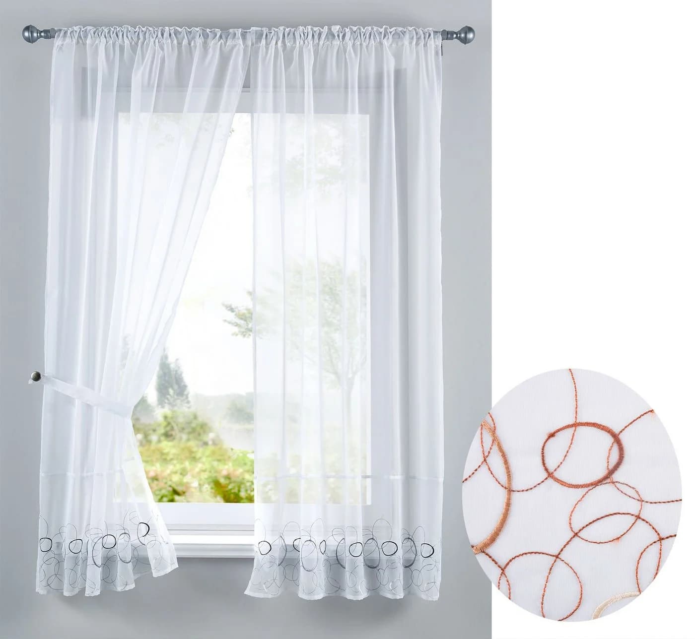 Gardinenbox Gardinen-Set AURA 2-tlg. Braune Stickerei Voile mit Raffhaltern - Bild 2