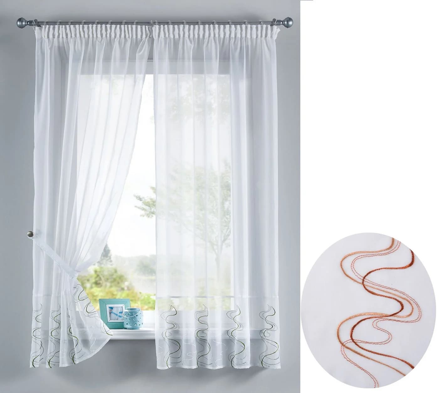 Gardinenbox Gardine Set 2-tlg. Braun Transparent mit Stickerei - Bild 2