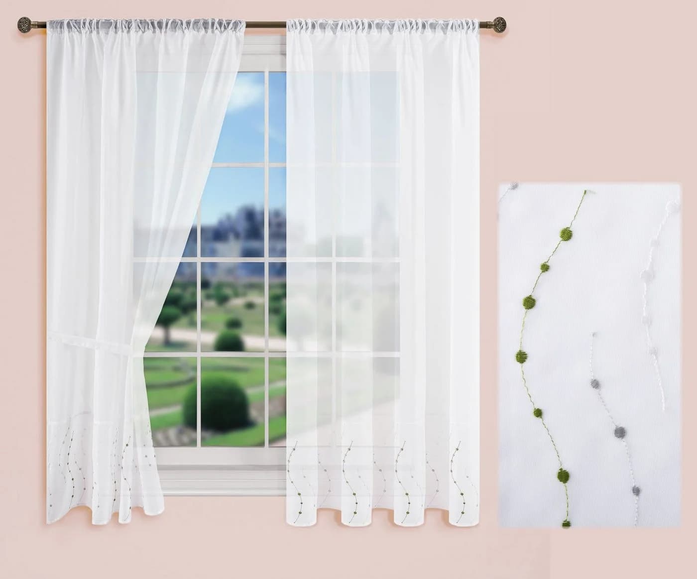 Gardinenbox Gardine 2 St. Stangendurchzug Transparent Voile PUNKT Stickerei - Bild 5