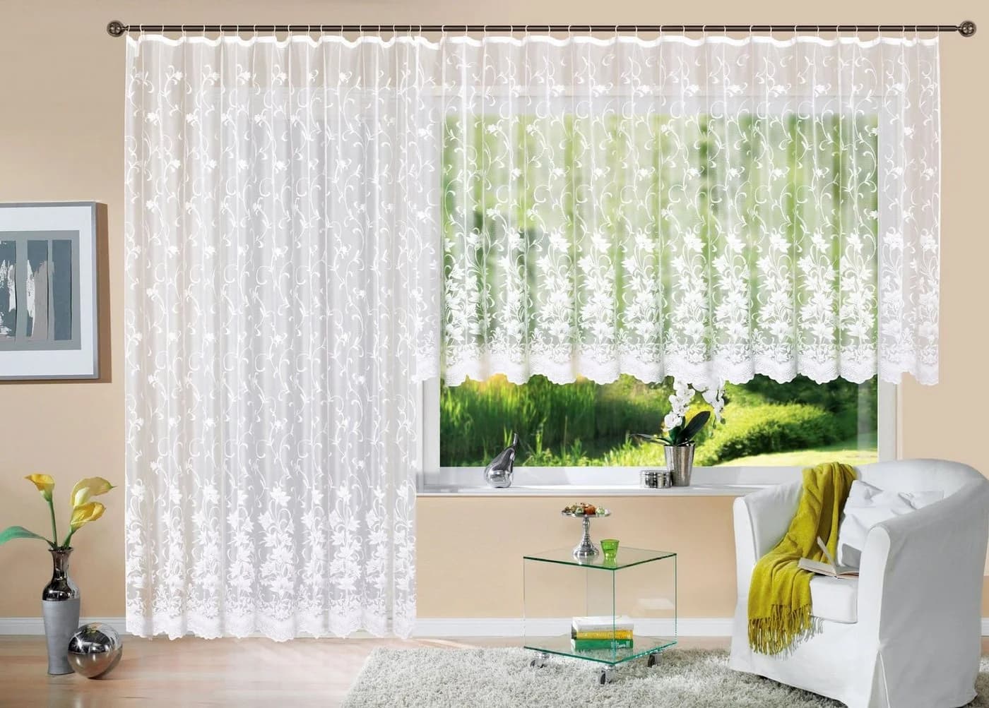 Gardinenbox Jacquard Store Weiß Blumenmuster