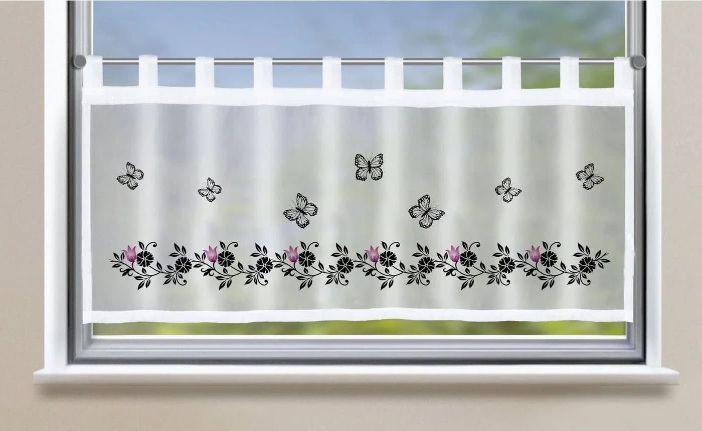 Gardinenbox Scheibengardine Bodrum Schwarz Voile mit Schmetterlings-Motiv