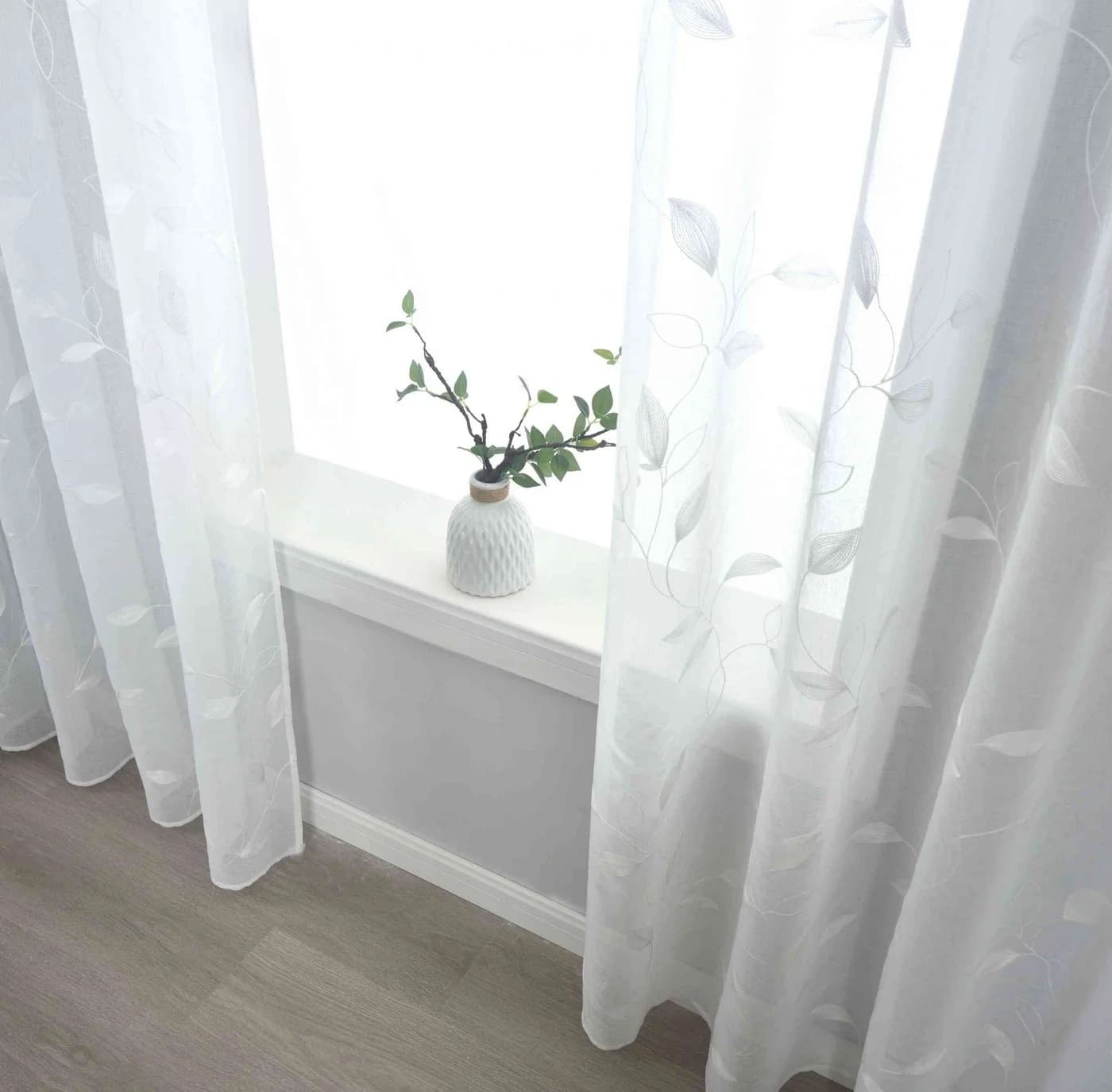 Gardinenbox Gardine Weiß Leinenoptik Polyester Metallösen Blattmuster