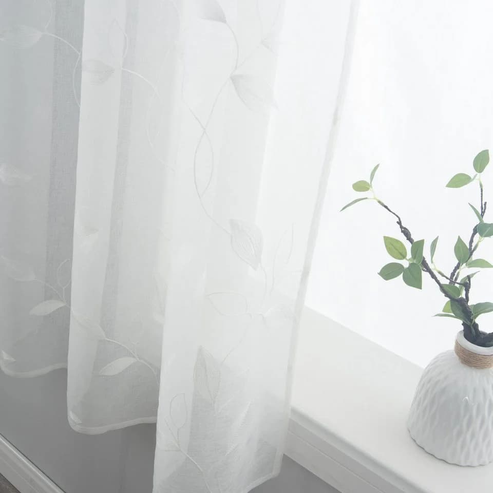 Gardinenbox Gardine Weiß Leinenoptik Polyester Metallösen Blattmuster - Bild 5