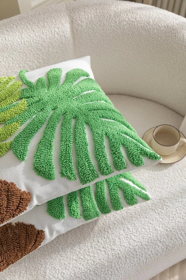 Gardinenbox Kissenhülle Grün Monstera Frottee Leinenstoff - Bild 5