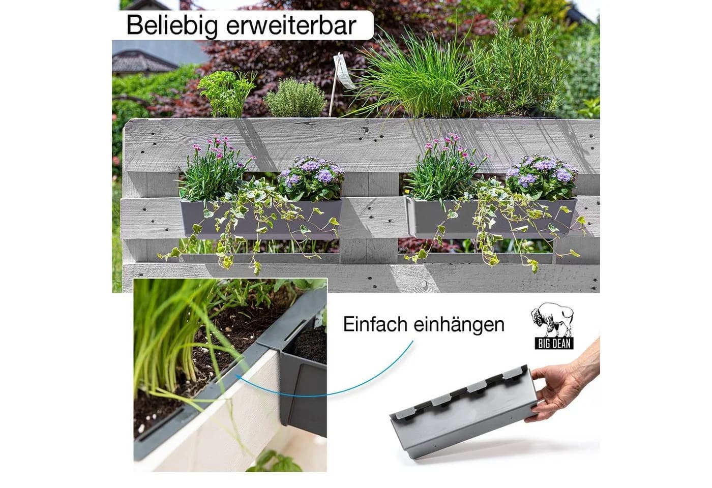 BigDean Blumenkasten Paletten-Einsatz 4-tlg. Beton-Grau Kunststoff - Bild 5