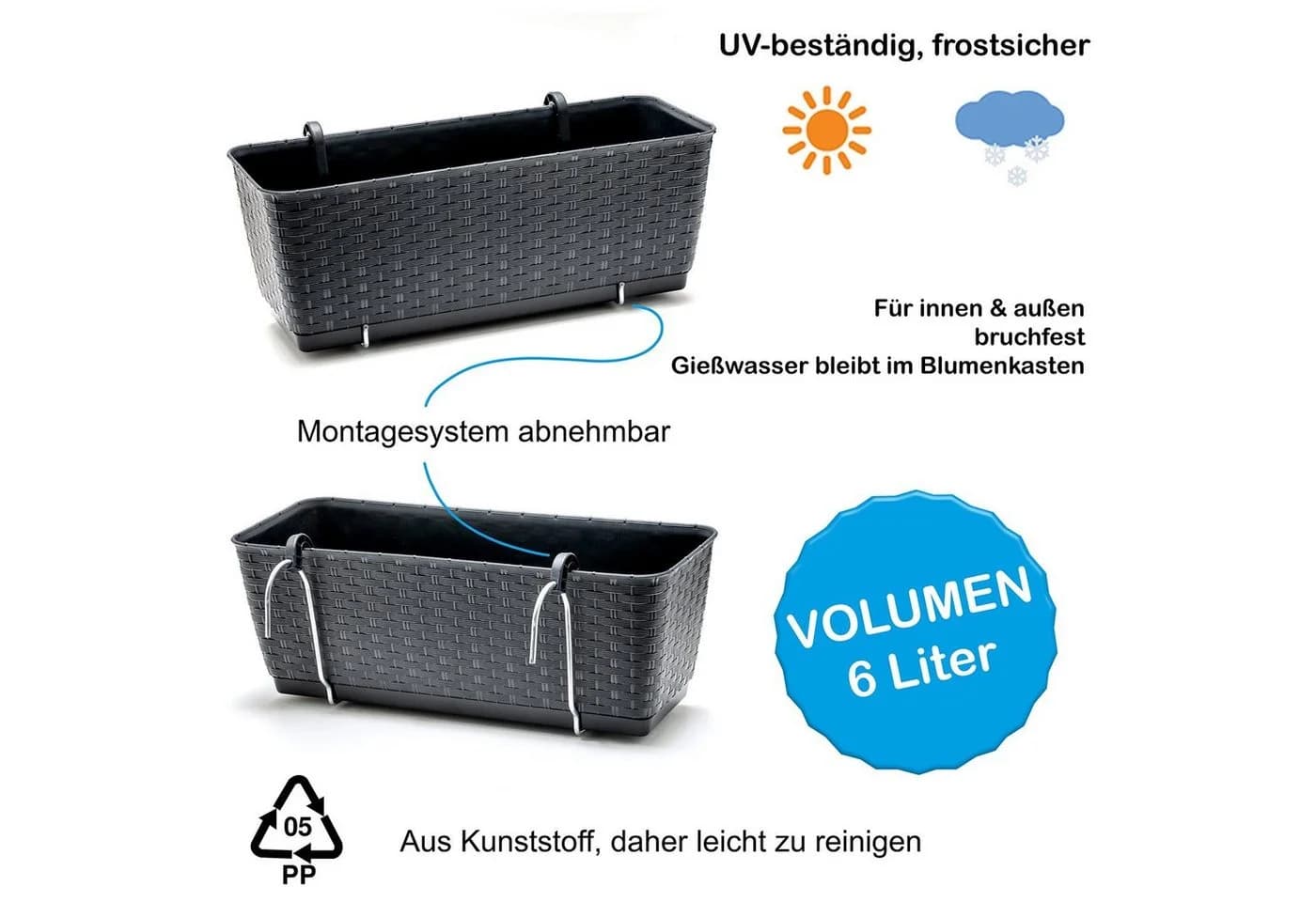 BigDean Blumenkasten 2er Set mit Bewässerungssystem Rattan-Optik Anthrazit - Bild 3