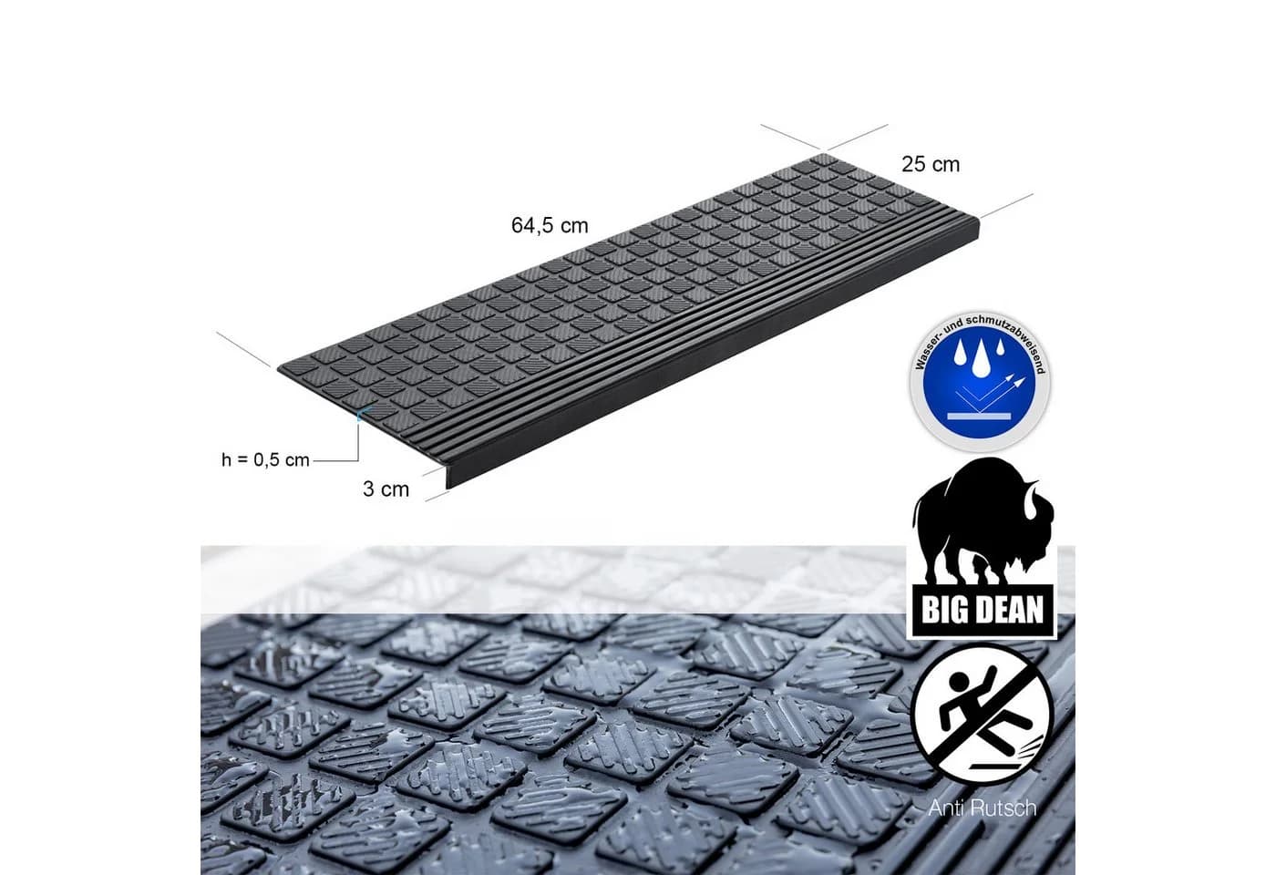 BigDean Stufenmatte 3x Schwarz Gummi Rutschfest Selbstklebend - Bild 1