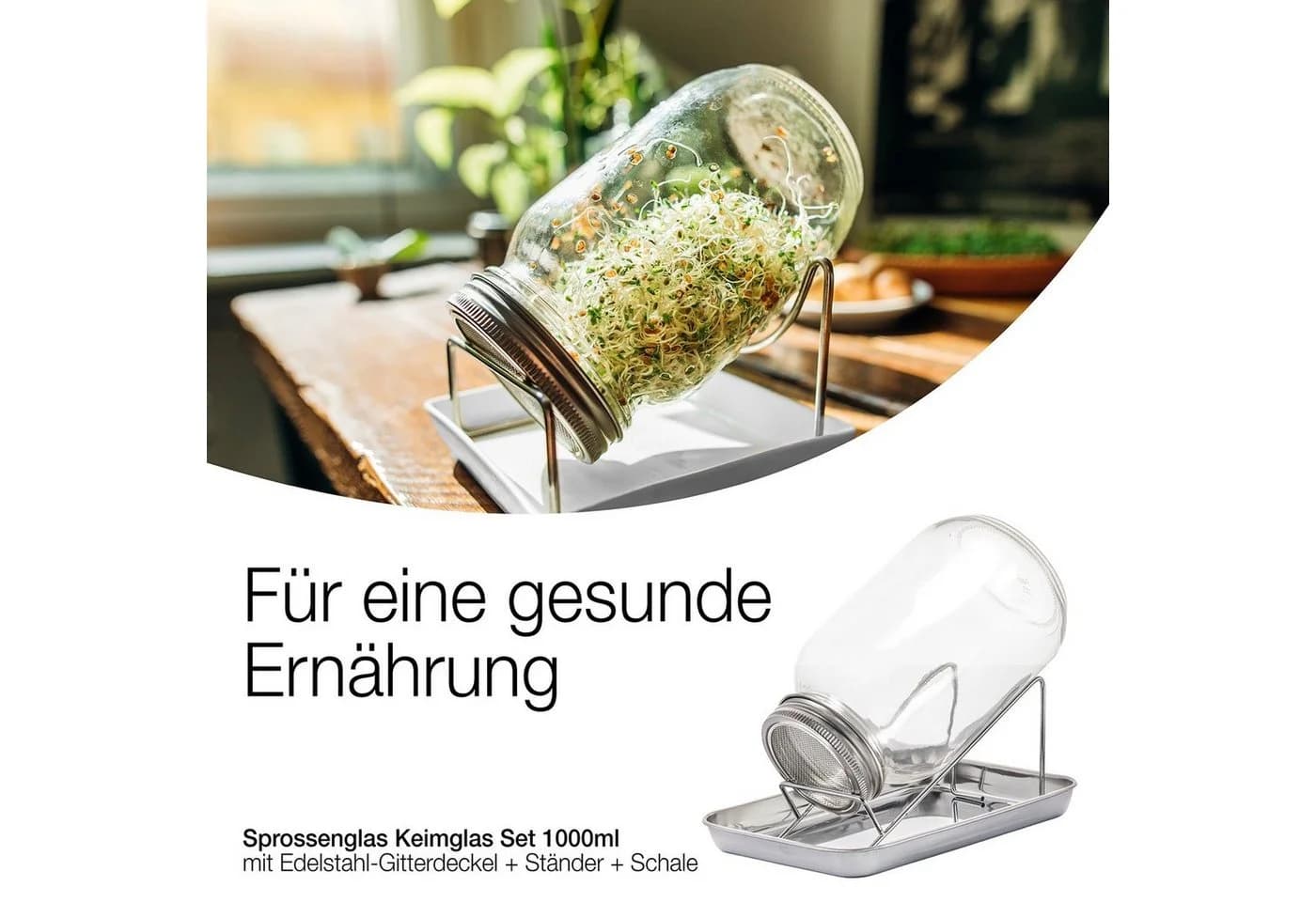 BigDean Sprossenglas 1000ml mit Edelstahl-Deckel und Ständer