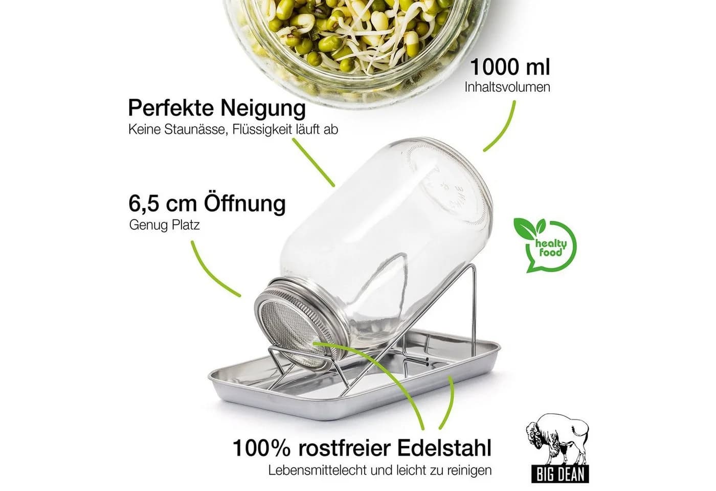 BigDean Sprossenglas 1000ml mit Edelstahl-Deckel und Ständer - Bild 3