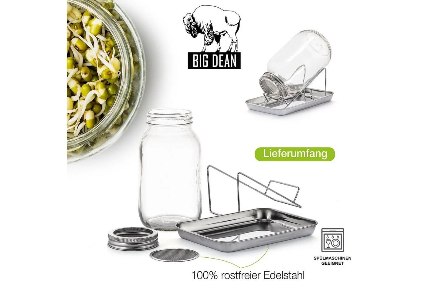 BigDean Sprossenglas 1000ml mit Edelstahl-Deckel und Ständer - Bild 4