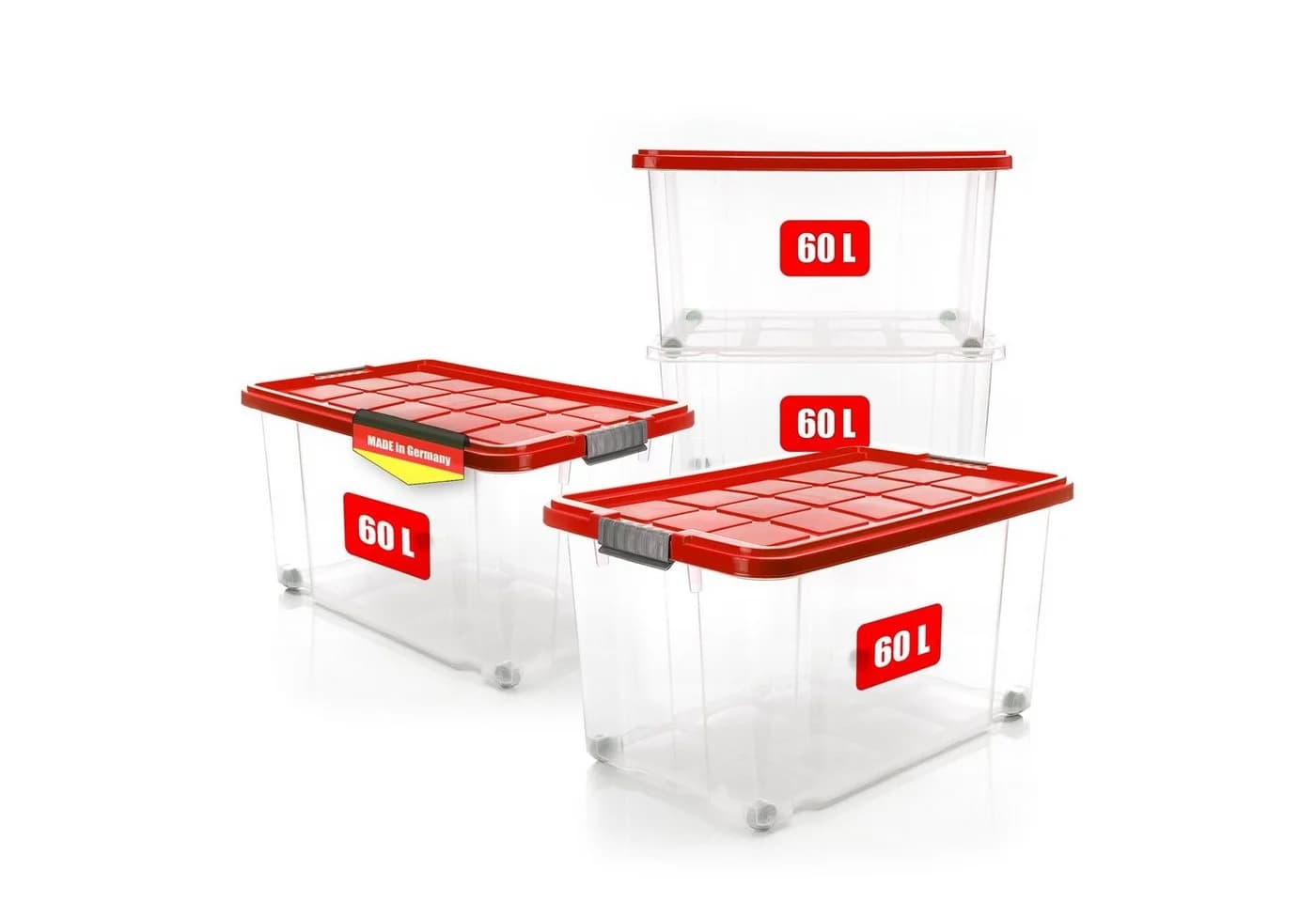 BigDean Aufbewahrungsbox 60L Rot Transparent 4er Set Stapelbar Rollbar - Bild 2